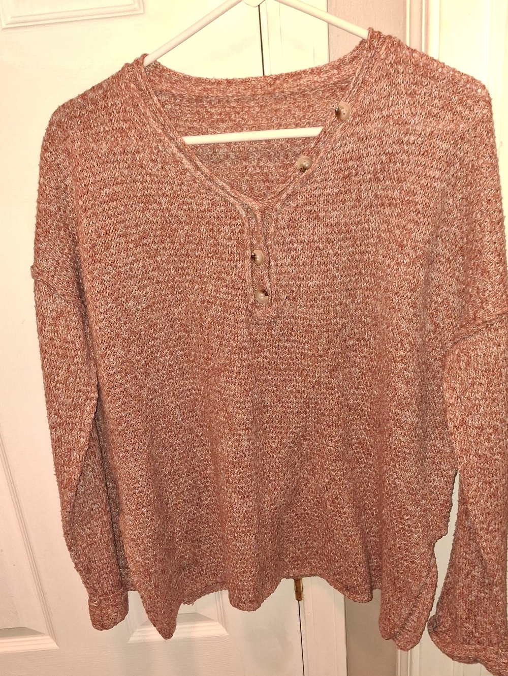 SHEIN Marled V-Neck Henley Sweater in Dusty Rose